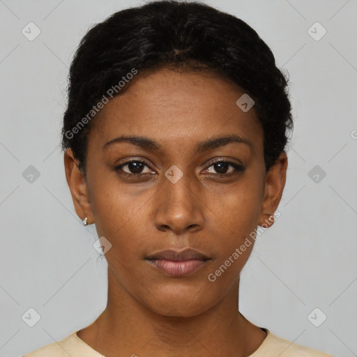 Neutral black young-adult female with short  black hair and brown eyes