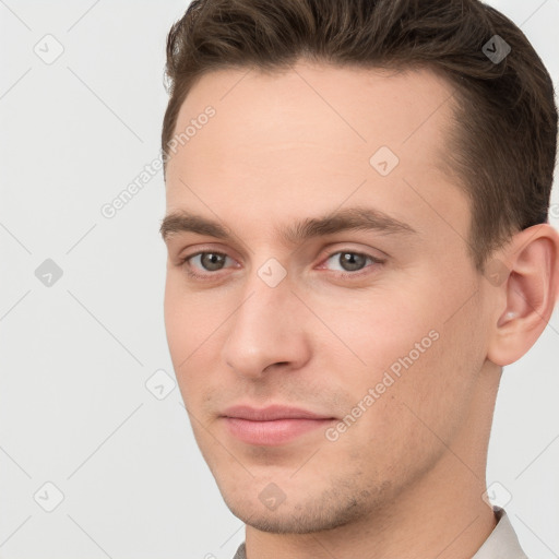 Neutral white young-adult male with short  brown hair and brown eyes