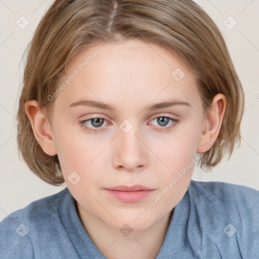 Neutral white young-adult female with medium  brown hair and grey eyes