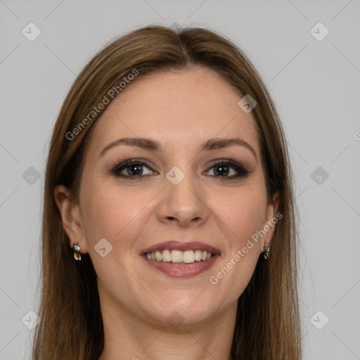 Joyful white young-adult female with long  brown hair and grey eyes