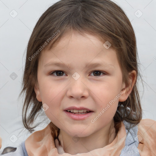 Joyful white child female with medium  brown hair and brown eyes