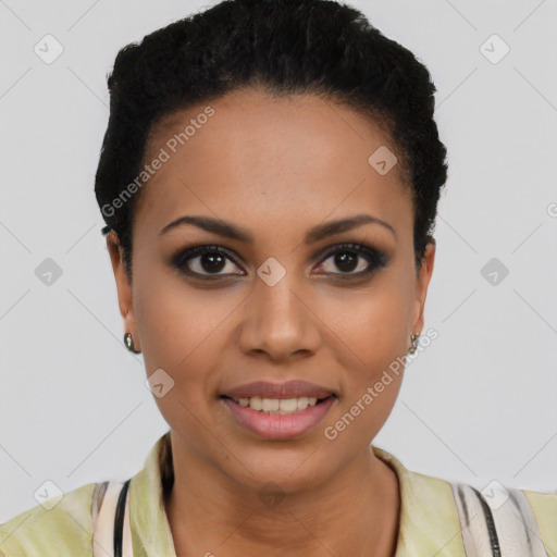 Joyful latino young-adult female with short  brown hair and brown eyes