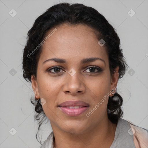 Joyful black young-adult female with medium  brown hair and brown eyes