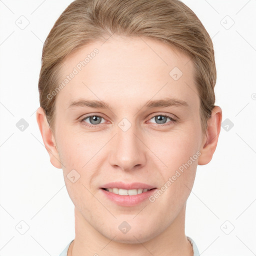 Joyful white young-adult female with short  brown hair and grey eyes