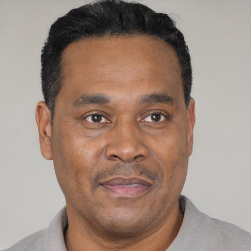 Joyful black adult male with short  black hair and brown eyes