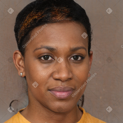 Joyful black young-adult female with short  brown hair and brown eyes