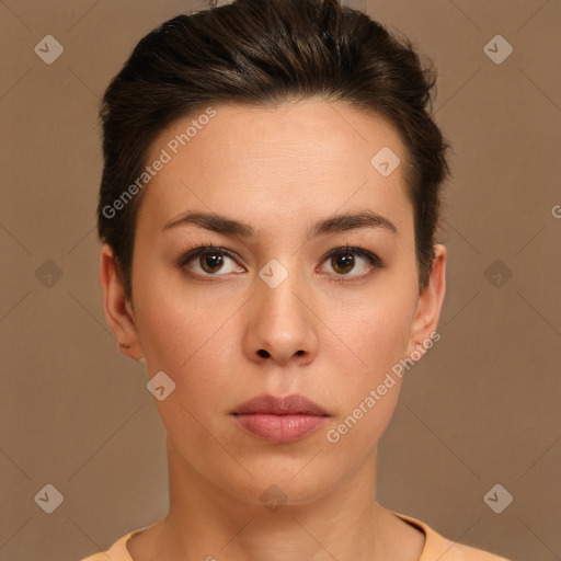 Neutral white young-adult female with short  brown hair and brown eyes