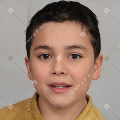 Joyful white child male with short  brown hair and brown eyes