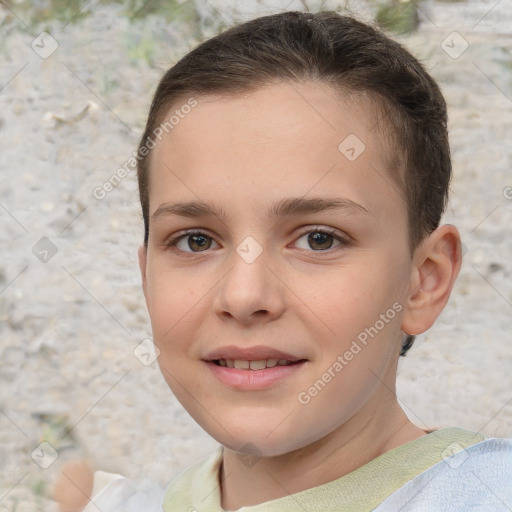 Joyful white child female with short  brown hair and brown eyes