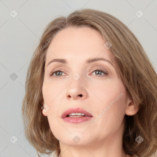 Neutral white young-adult female with medium  brown hair and brown eyes