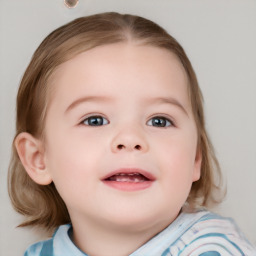 Joyful white child female with medium  brown hair and grey eyes