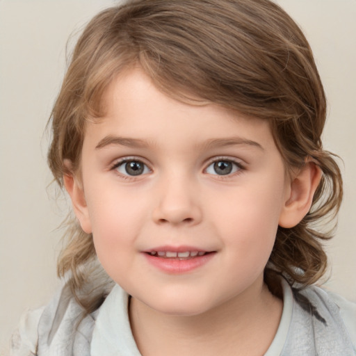 Joyful white child female with medium  brown hair and brown eyes