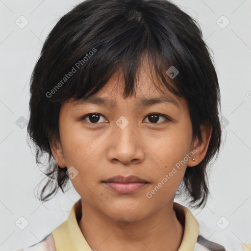 Neutral asian young-adult female with medium  brown hair and brown eyes