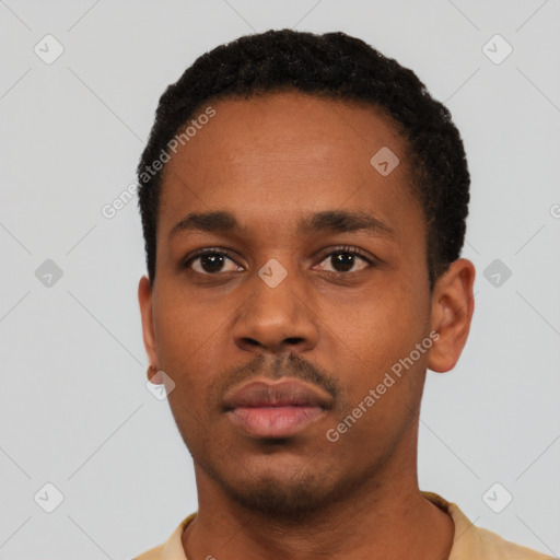 Neutral black young-adult male with short  black hair and brown eyes