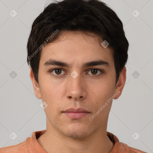 Neutral white young-adult male with short  brown hair and brown eyes