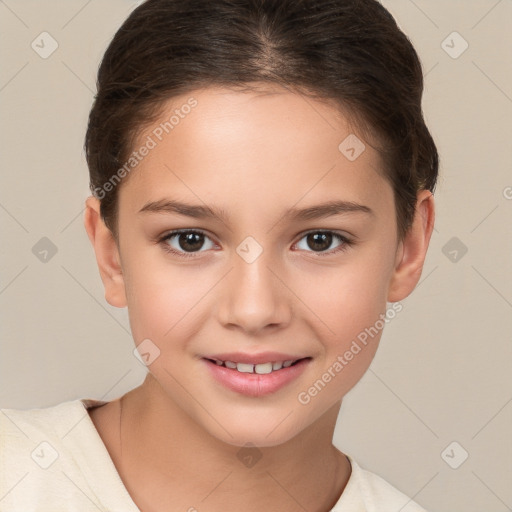 Joyful white child female with short  brown hair and brown eyes