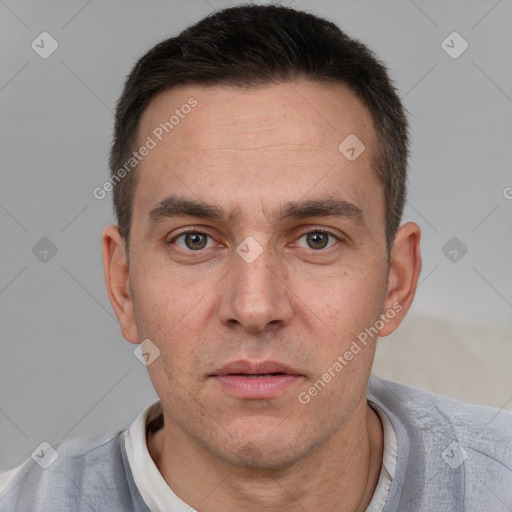 Neutral white adult male with short  brown hair and brown eyes