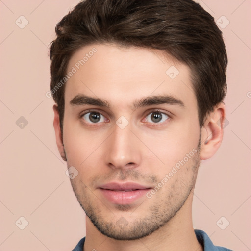 Neutral white young-adult male with short  brown hair and brown eyes