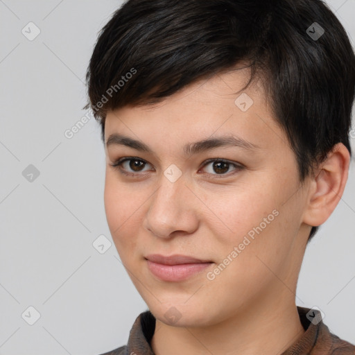 Joyful white young-adult female with short  brown hair and brown eyes