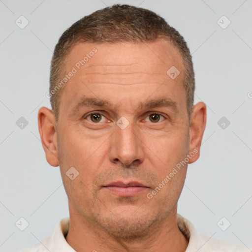 Neutral white adult male with short  brown hair and brown eyes