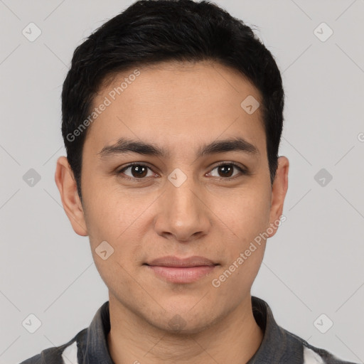 Joyful white young-adult male with short  black hair and brown eyes