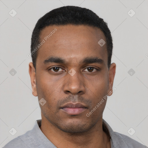 Neutral latino young-adult male with short  black hair and brown eyes