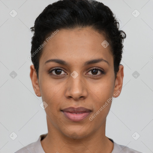 Joyful latino young-adult female with short  black hair and brown eyes