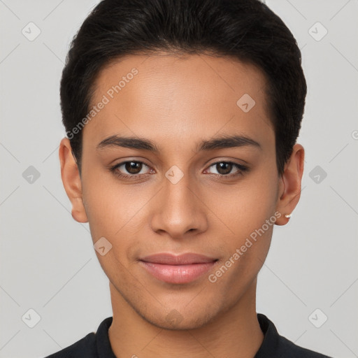 Joyful latino young-adult female with short  brown hair and brown eyes