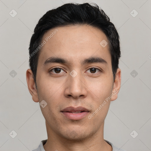 Neutral asian young-adult male with short  black hair and brown eyes