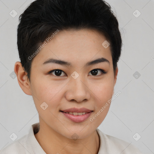 Joyful asian young-adult female with short  brown hair and brown eyes