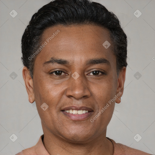 Joyful latino adult male with short  brown hair and brown eyes