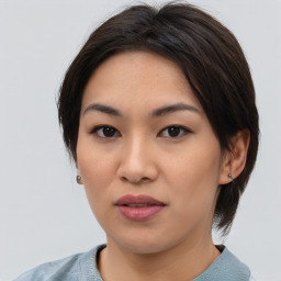 Neutral asian young-adult female with medium  brown hair and brown eyes