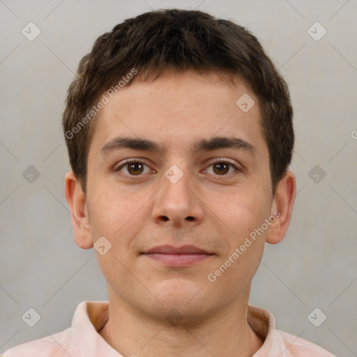 Neutral white young-adult male with short  brown hair and brown eyes