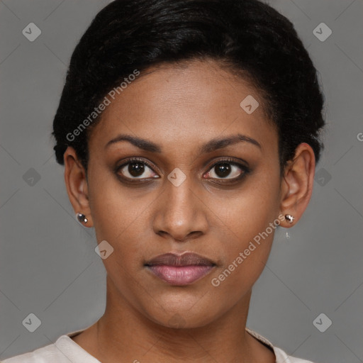 Joyful latino young-adult female with short  black hair and brown eyes