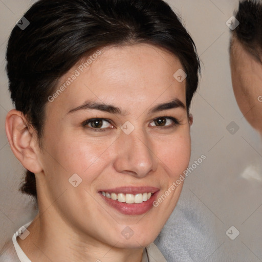 Joyful white young-adult female with short  brown hair and brown eyes