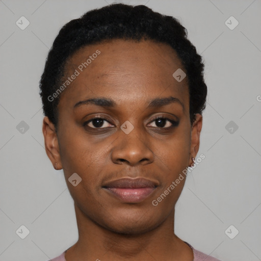 Joyful black young-adult female with short  black hair and brown eyes