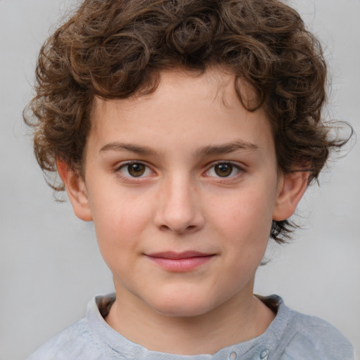 Joyful white child female with medium  brown hair and grey eyes