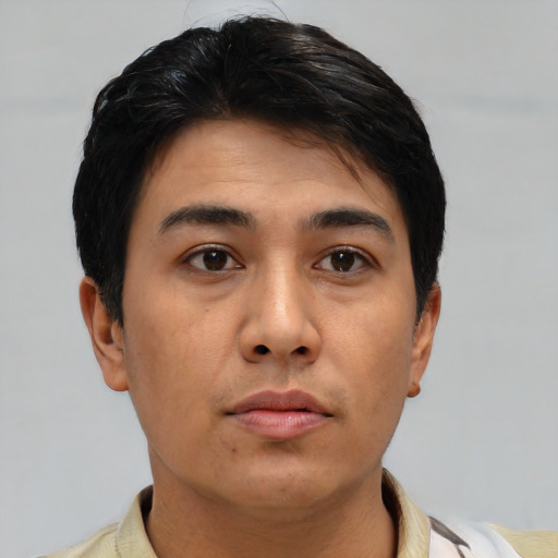 Neutral asian young-adult male with short  brown hair and brown eyes