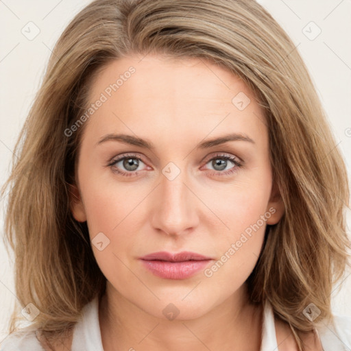 Neutral white young-adult female with long  brown hair and blue eyes