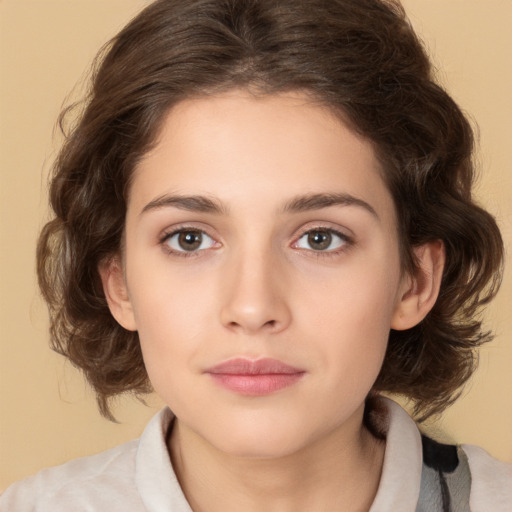 Neutral white young-adult female with medium  brown hair and brown eyes