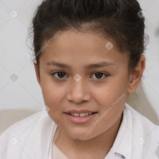 Joyful white child female with short  brown hair and brown eyes