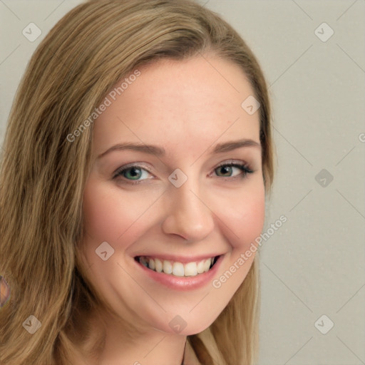 Joyful white young-adult female with long  brown hair and green eyes