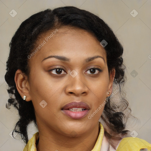 Joyful black young-adult female with medium  brown hair and brown eyes