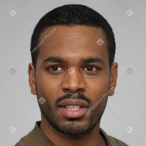 Neutral black young-adult male with short  black hair and brown eyes