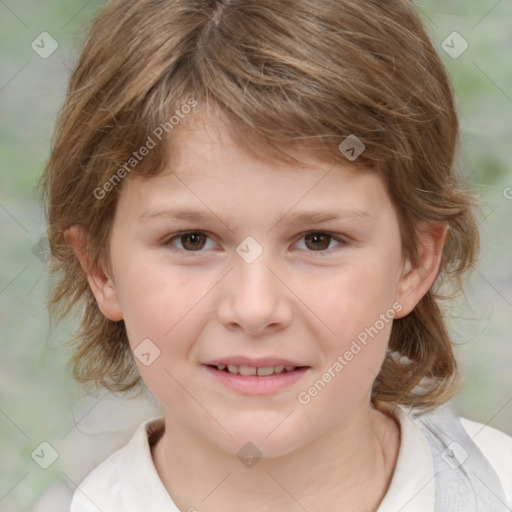 Joyful white child female with medium  brown hair and brown eyes