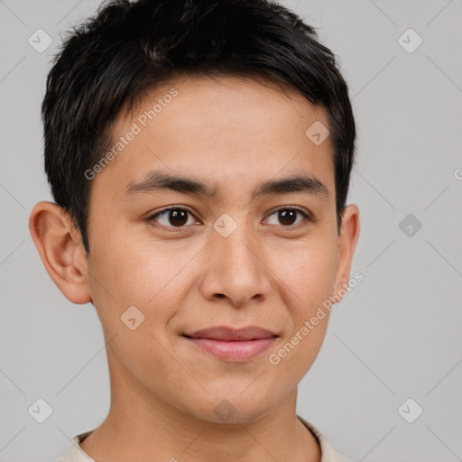 Joyful asian young-adult male with short  brown hair and brown eyes