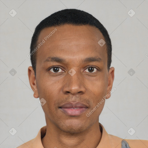 Neutral black young-adult male with short  black hair and brown eyes