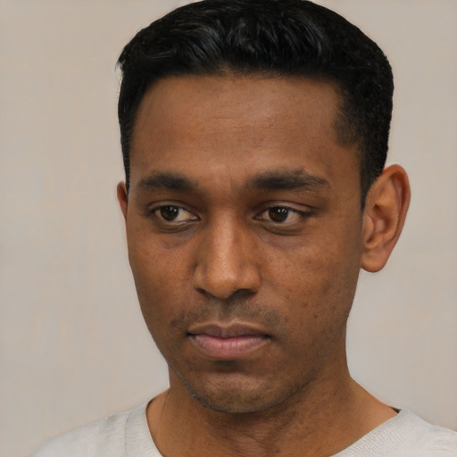 Neutral black young-adult male with short  black hair and brown eyes