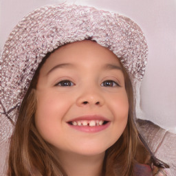 Joyful white child female with long  brown hair and brown eyes