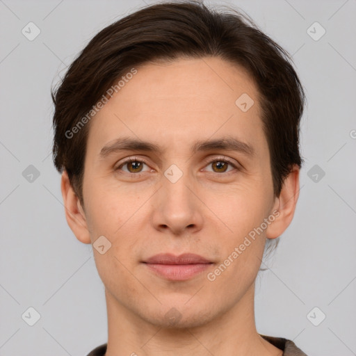 Joyful white young-adult male with short  brown hair and brown eyes